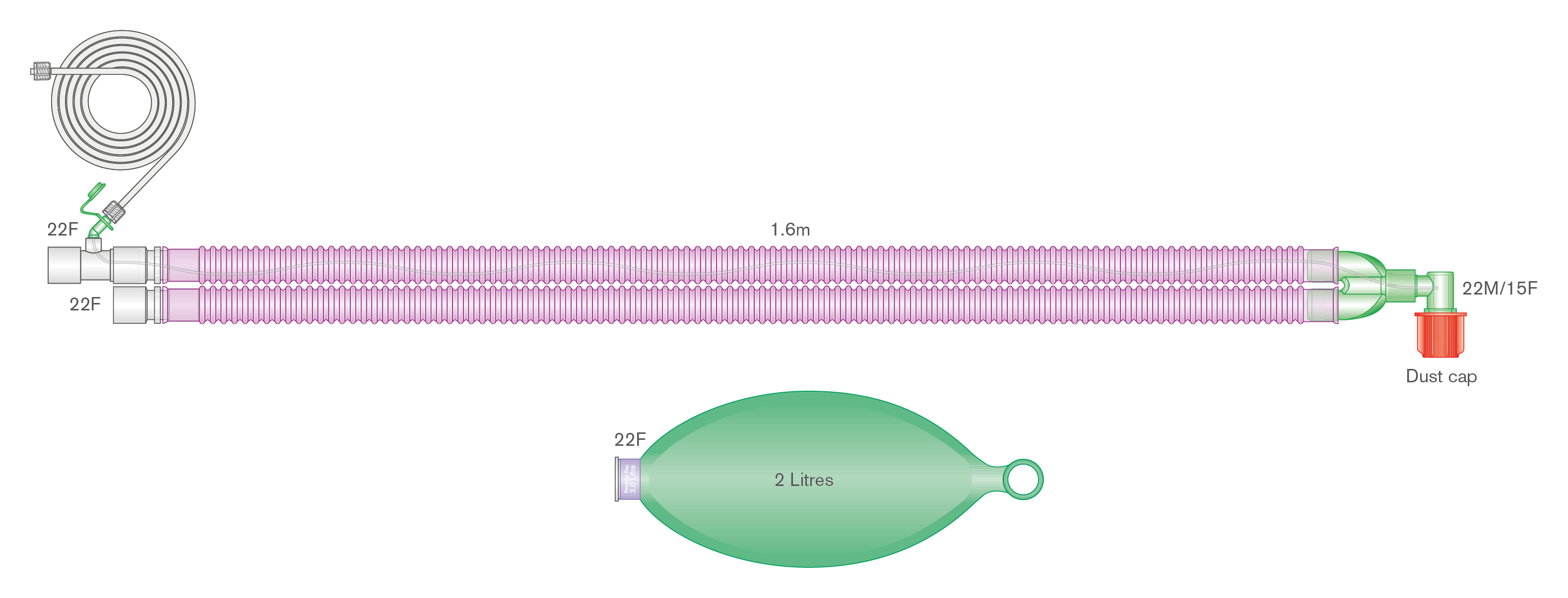 22mm Flextube™ Silver Knight™ anti-microbial breathing system with 2 L bag, and integral monitoring line, ≥ 1.6m