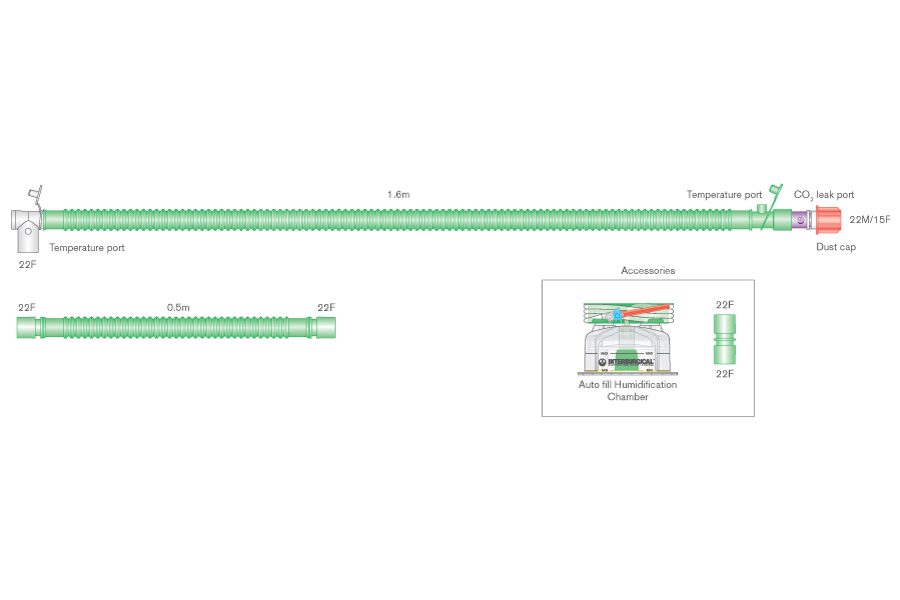 22mm Flextube bilevel heated wire breathing system with swivel CO₂ leak port, auto-fill chamber and extra limb. ≥ 1.6m