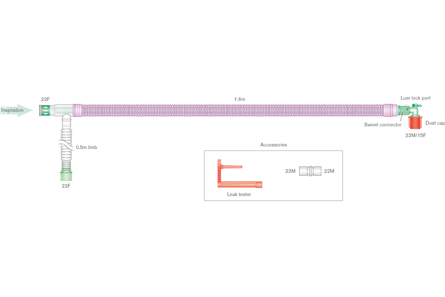 30mm UniFlow™ Silver Knight™ anti-microbial coaxial breathing system with luer elbow, ≥ 1.6m
