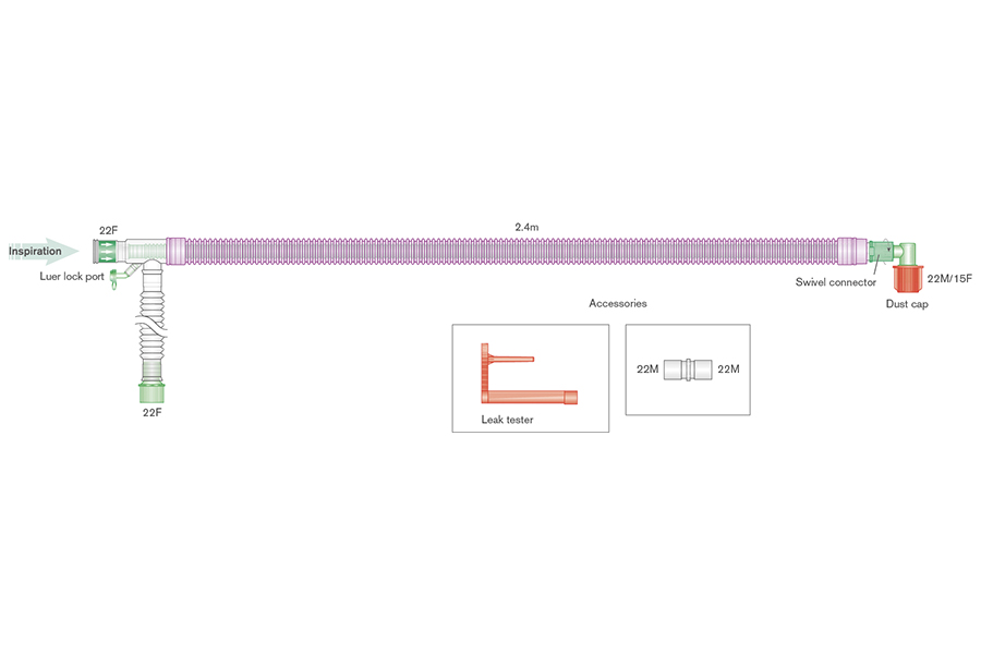 30mm UniFlow™ Silver Knight™ anti-microbial coaxial breathing system with luer connector, integral monitoring line, and elbow, ≥ 2.4m