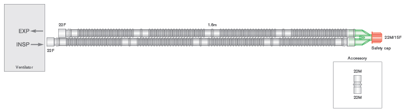 22mm Flextube breathing system with detachable limb, ≥ 1.6m